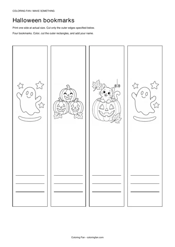 Actual A4 PDF preview of the halloween bookmarks, with measured cut outlines and printed assembly instructions.