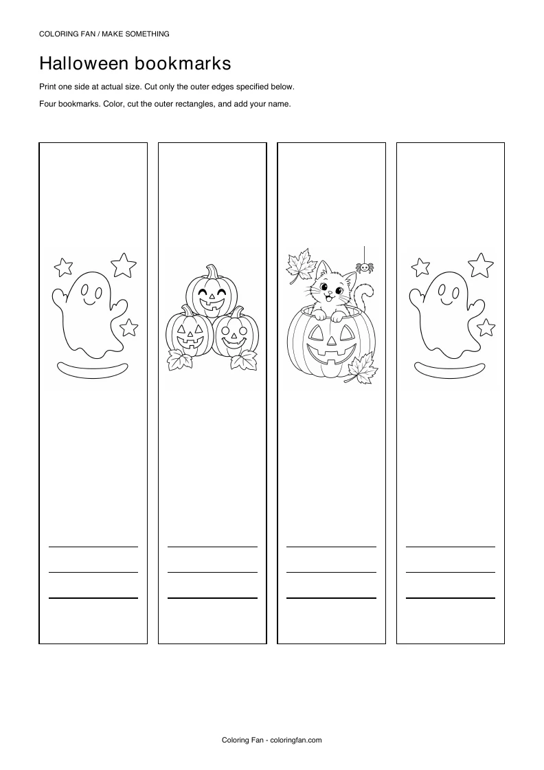 Actual A4 PDF preview of the halloween bookmarks, with measured cut outlines and printed assembly instructions.
