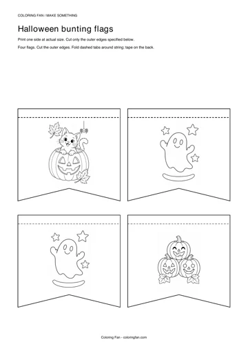 Actual A4 PDF preview of the halloween bunting flags, with measured cut outlines and printed assembly instructions.