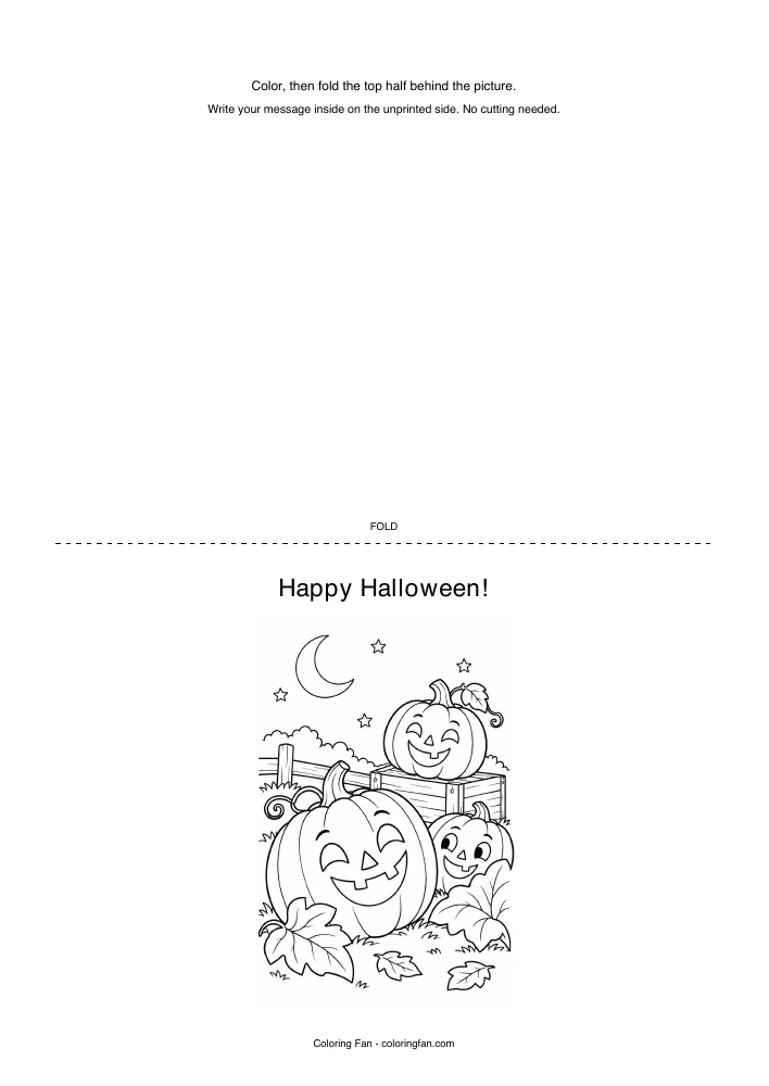 Halloween card printable template, with an original illustration, a dotted half-fold line and instructions for writing a message inside.