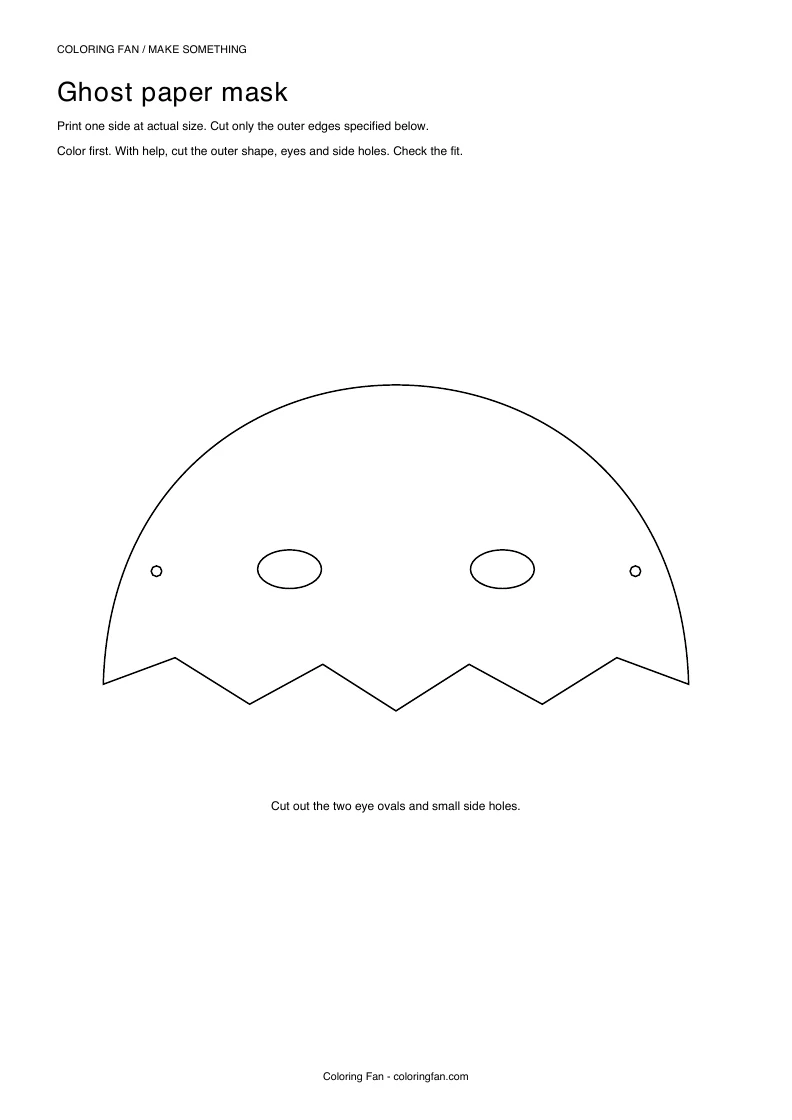Actual A4 PDF preview of the ghost paper mask, with measured cut outlines and printed assembly instructions.