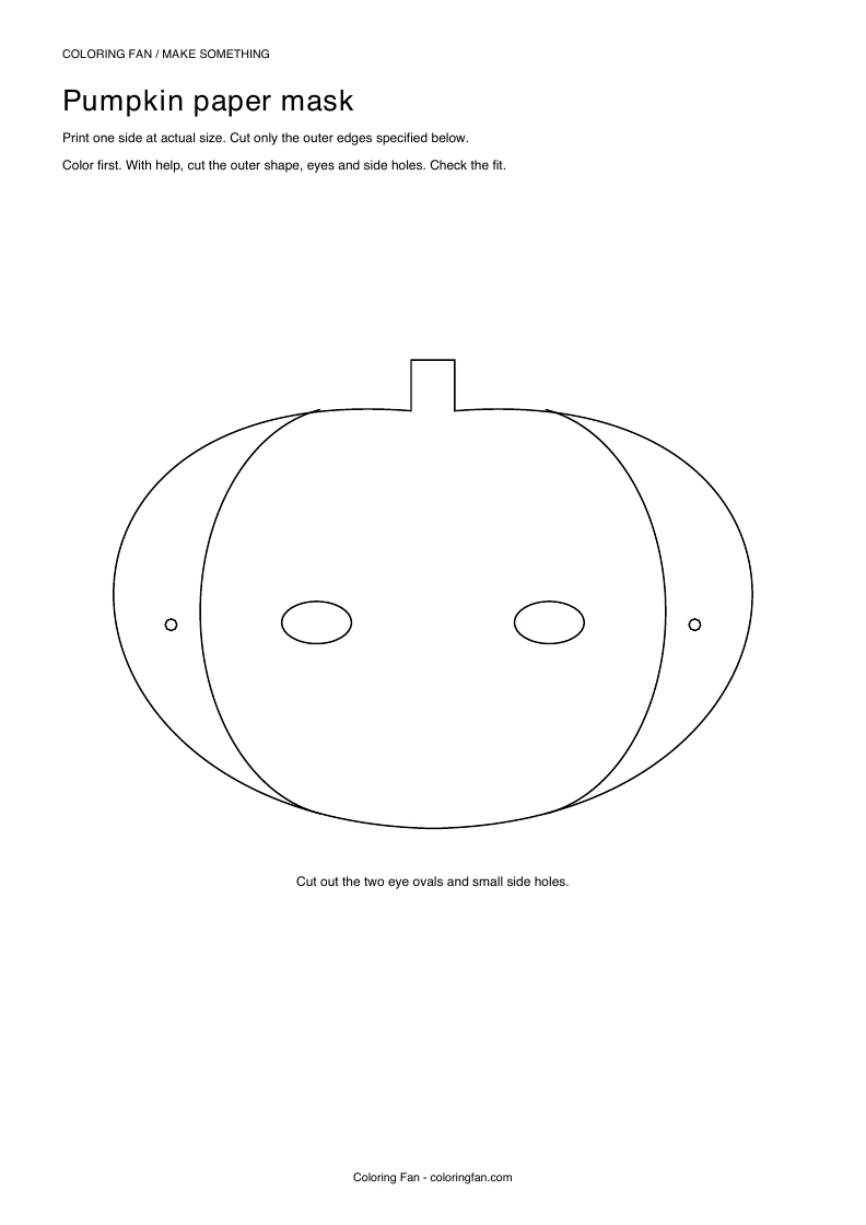 Actual A4 PDF preview of the pumpkin paper mask, with measured cut outlines and printed assembly instructions.