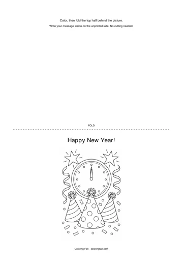 New Year card printable template, with an original illustration, a dotted half-fold line and instructions for writing a message inside.