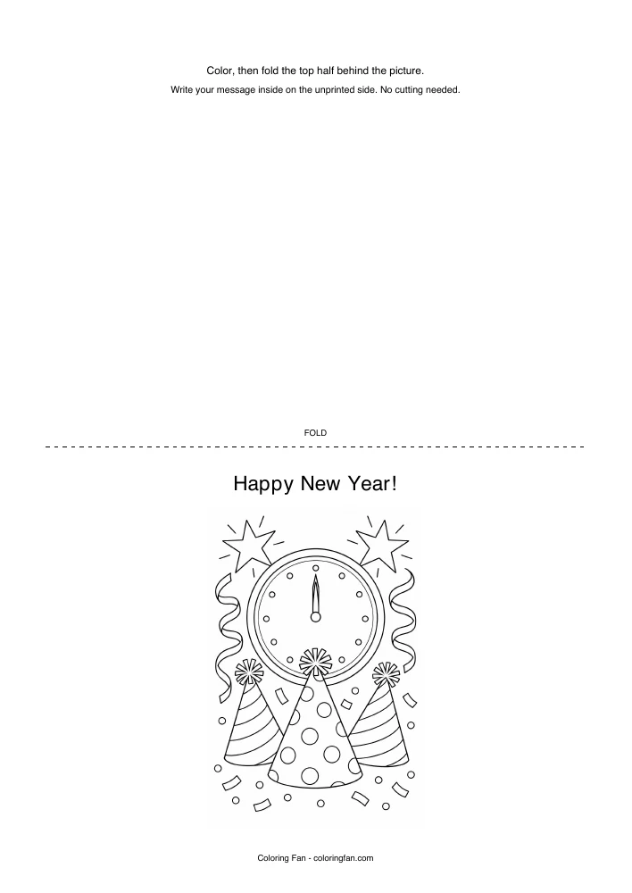 New Year card printable template, with an original illustration, a dotted half-fold line and instructions for writing a message inside.
