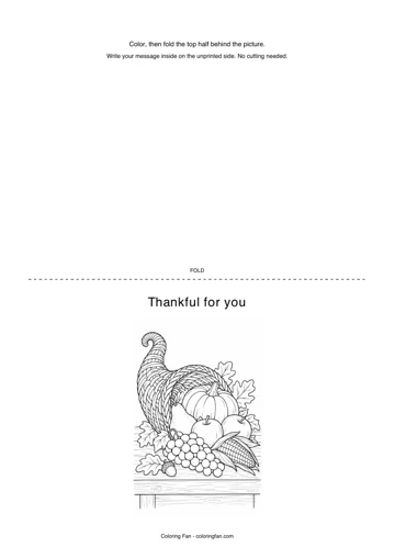 Thanksgiving card printable template, with an original illustration, a dotted half-fold line and instructions for writing a message inside.
