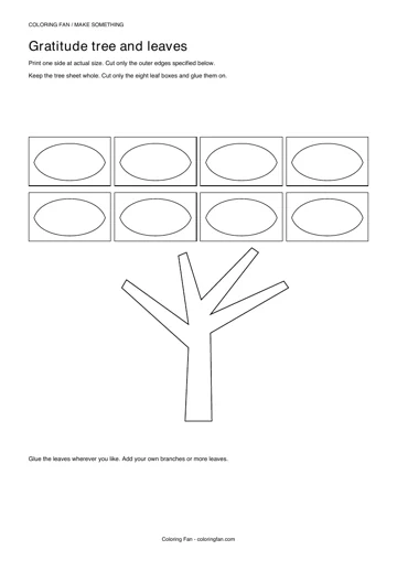 Actual A4 PDF preview of the gratitude tree and leaves, with measured cut outlines and printed assembly instructions.