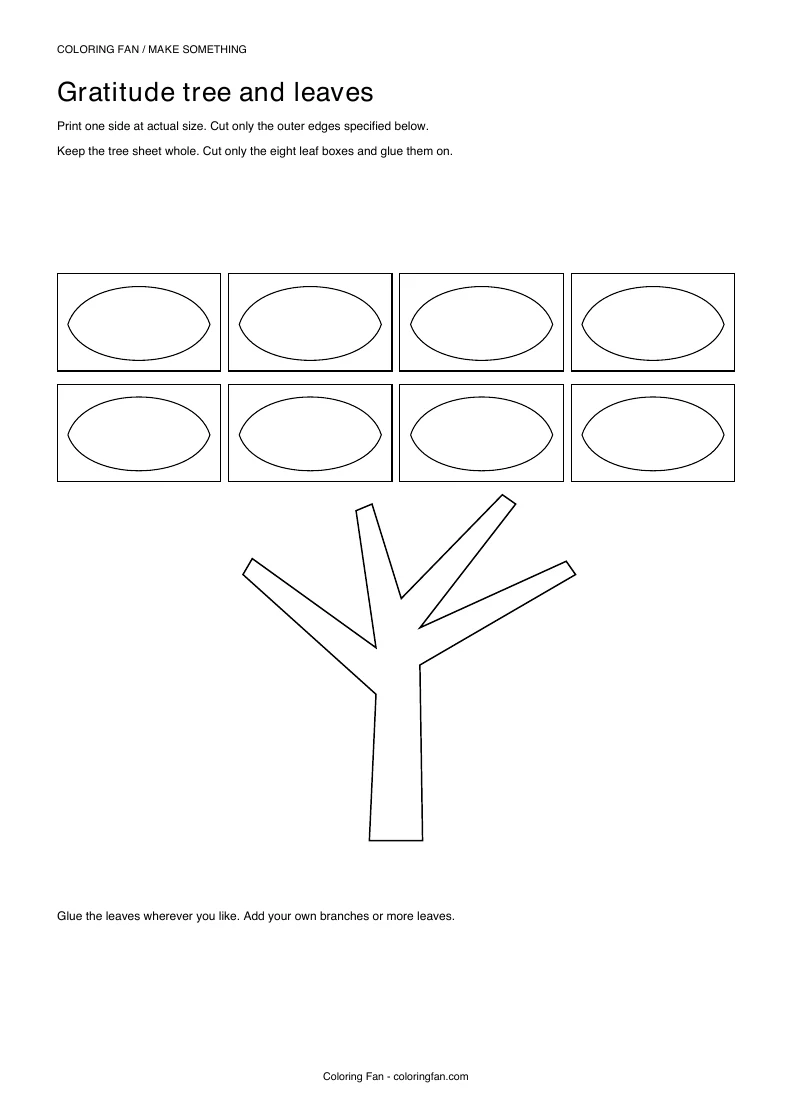 Actual A4 PDF preview of the gratitude tree and leaves, with measured cut outlines and printed assembly instructions.