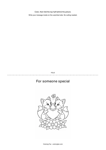 Valentine card printable template, with an original illustration, a dotted half-fold line and instructions for writing a message inside.