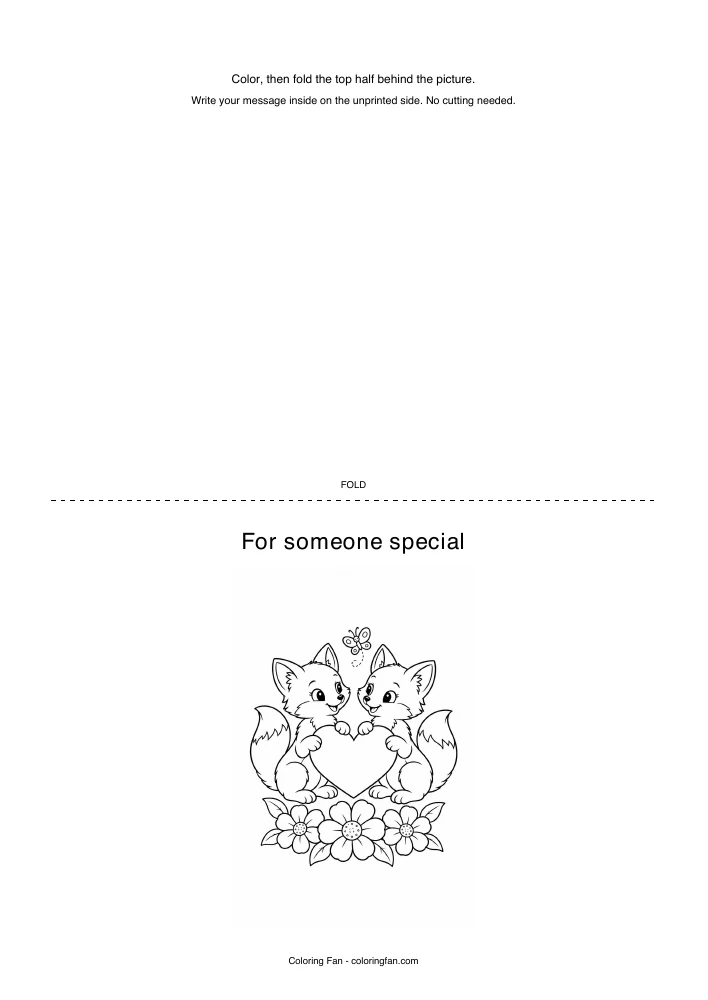 Valentine card printable template, with an original illustration, a dotted half-fold line and instructions for writing a message inside.