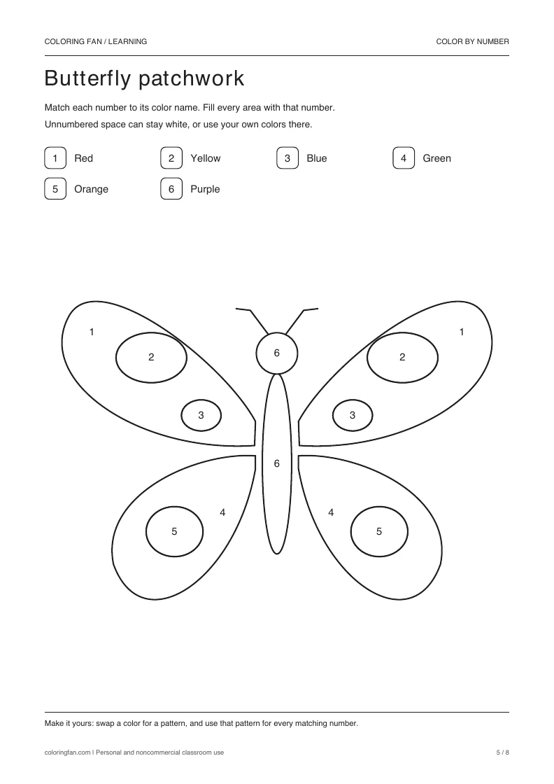 Butterfly patchwork color-by-number worksheet with 12 closed numbered areas and a 6-color written key.