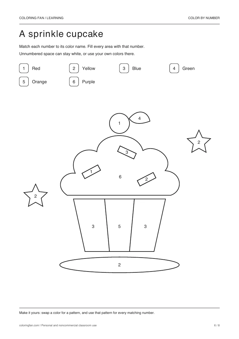 A sprinkle cupcake color-by-number worksheet with 12 closed numbered areas and a 6-color written key.