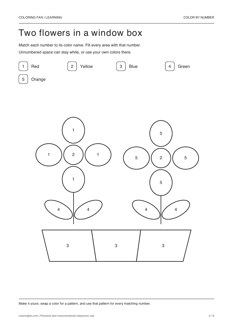 Two flowers in a window box color-by-number worksheet with 17 closed numbered areas and a 5-color written key.