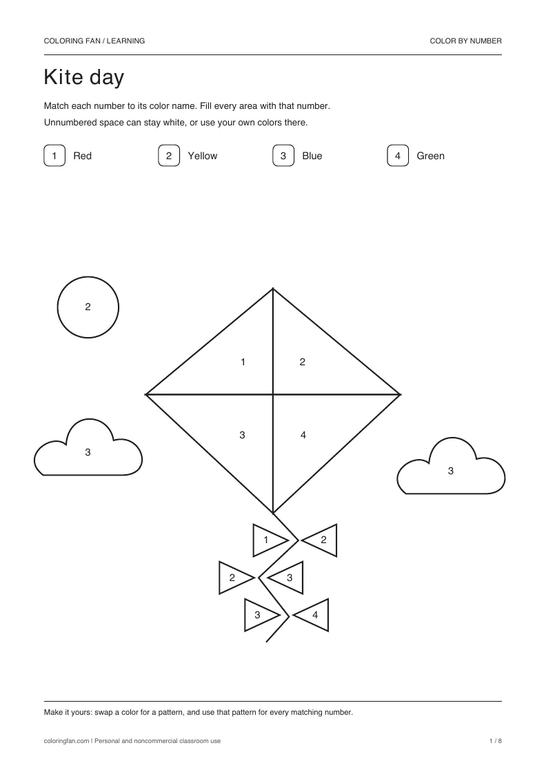 Kite day color-by-number worksheet with 13 closed numbered areas and a 4-color written key.