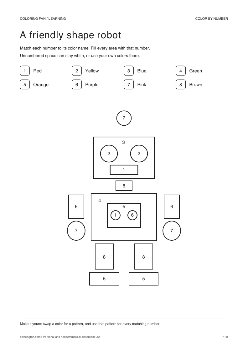 A friendly shape robot color-by-number worksheet with 18 closed numbered areas and a 8-color written key.