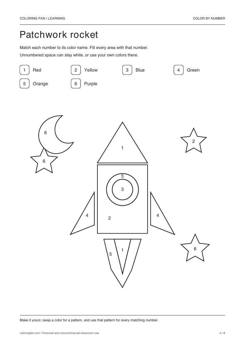 Patchwork rocket color-by-number worksheet with 12 closed numbered areas and a 6-color written key.