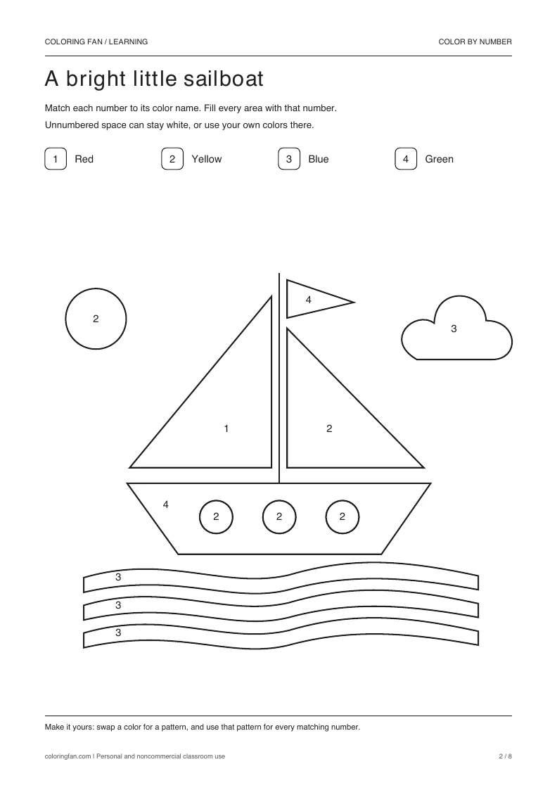 A bright little sailboat color-by-number worksheet with 12 closed numbered areas and a 4-color written key.