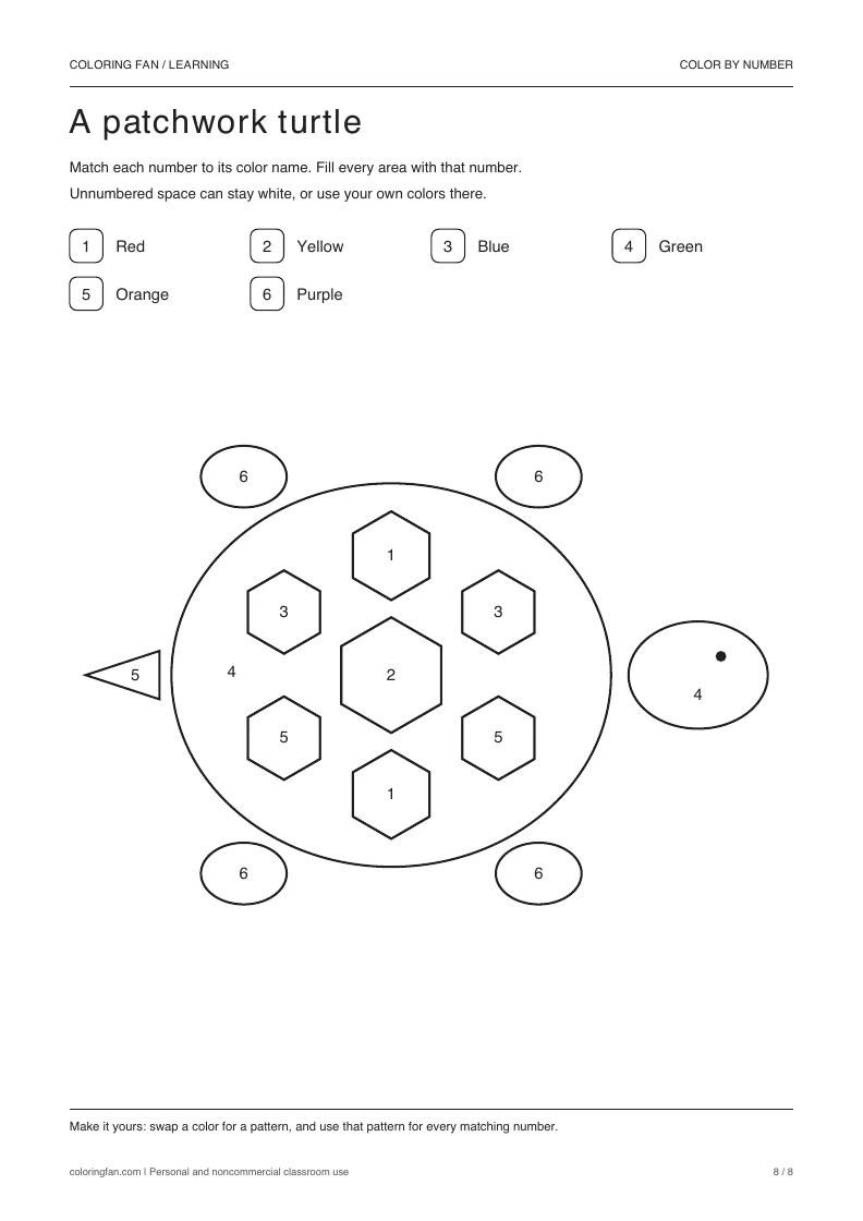 A patchwork turtle color-by-number worksheet with 14 closed numbered areas and a 6-color written key.
