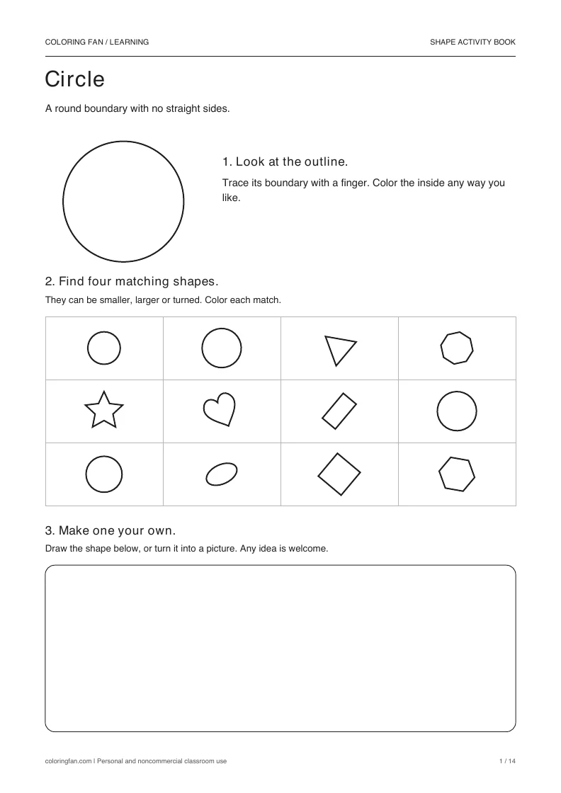 Circle activity: a large outline, a 12-shape find grid with four matches, and an open drawing frame.
