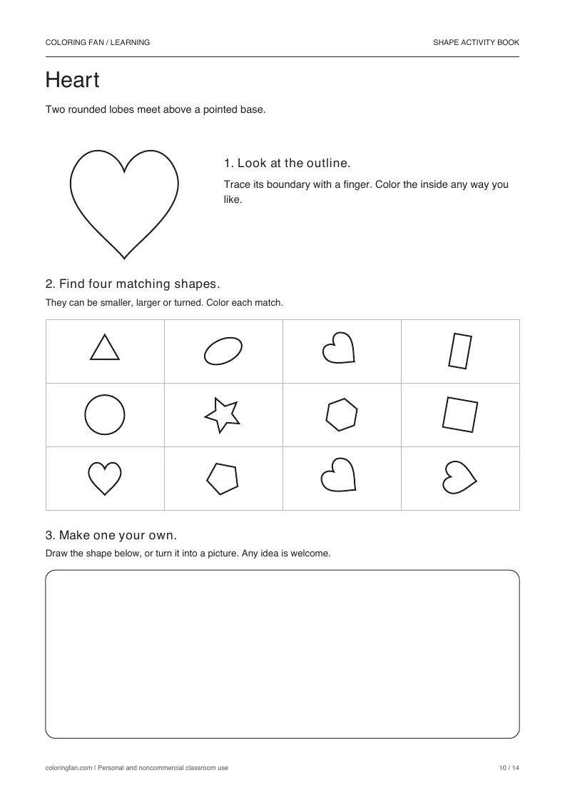 Heart activity: a large outline, a 12-shape find grid with four matches, and an open drawing frame.