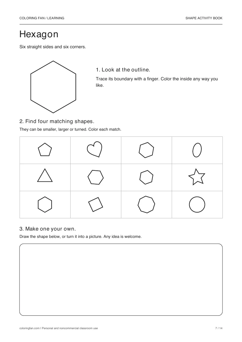 Hexagon activity: a large outline, a 12-shape find grid with four matches, and an open drawing frame.