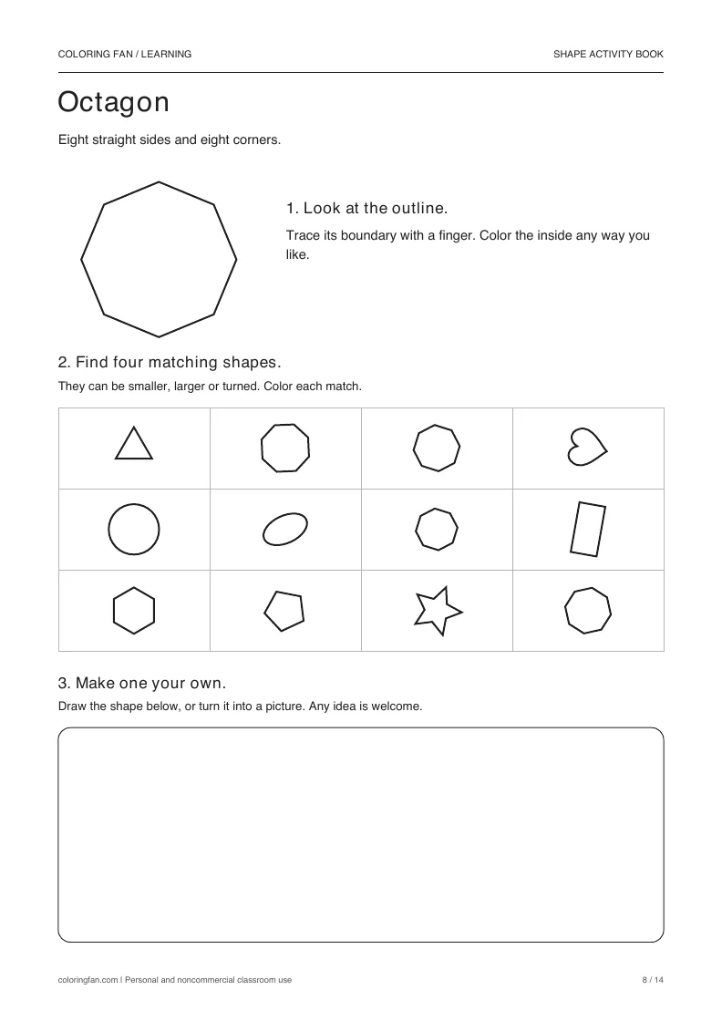 Octagon activity: a large outline, a 12-shape find grid with four matches, and an open drawing frame.