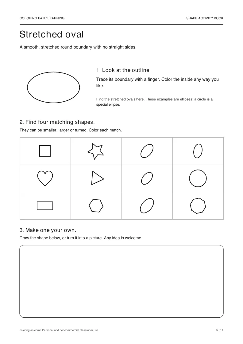 Stretched oval activity: a large outline, a 12-shape find grid with four matches, and an open drawing frame.