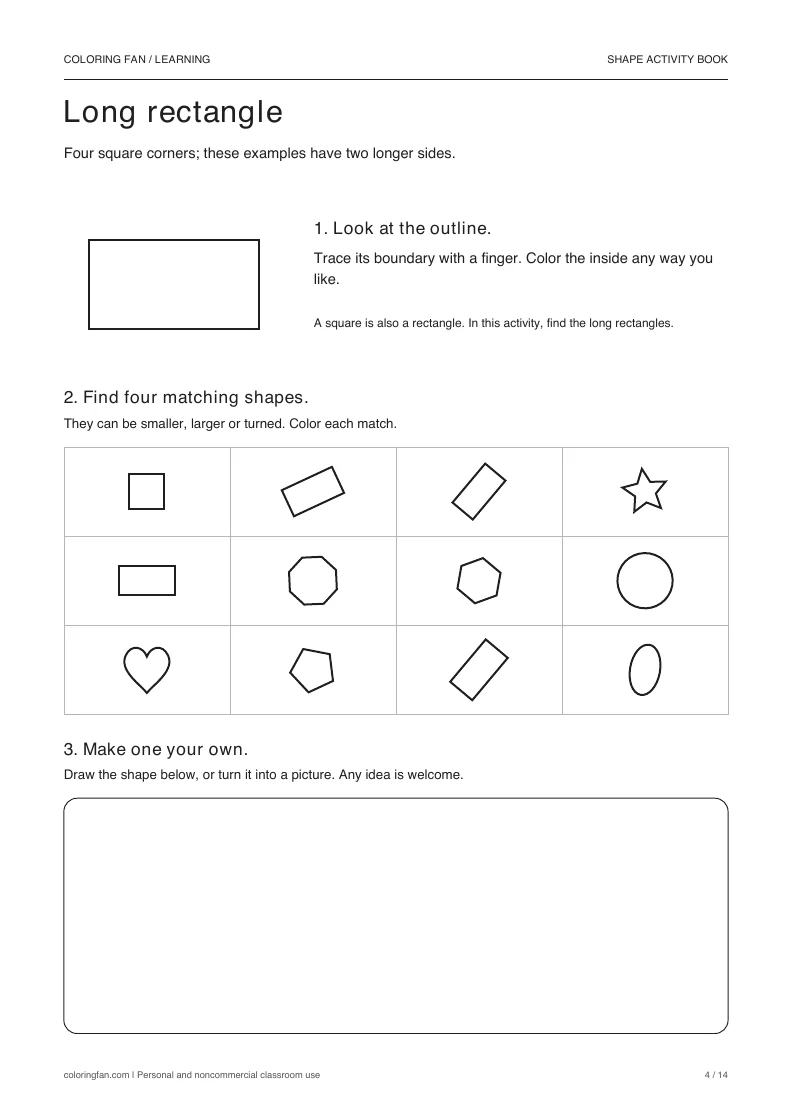 Long rectangle activity: a large outline, a 12-shape find grid with four matches, and an open drawing frame.