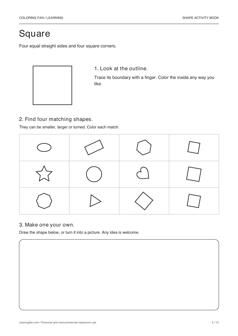 Square activity: a large outline, a 12-shape find grid with four matches, and an open drawing frame.