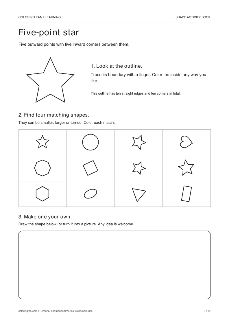 Five-point star activity: a large outline, a 12-shape find grid with four matches, and an open drawing frame.