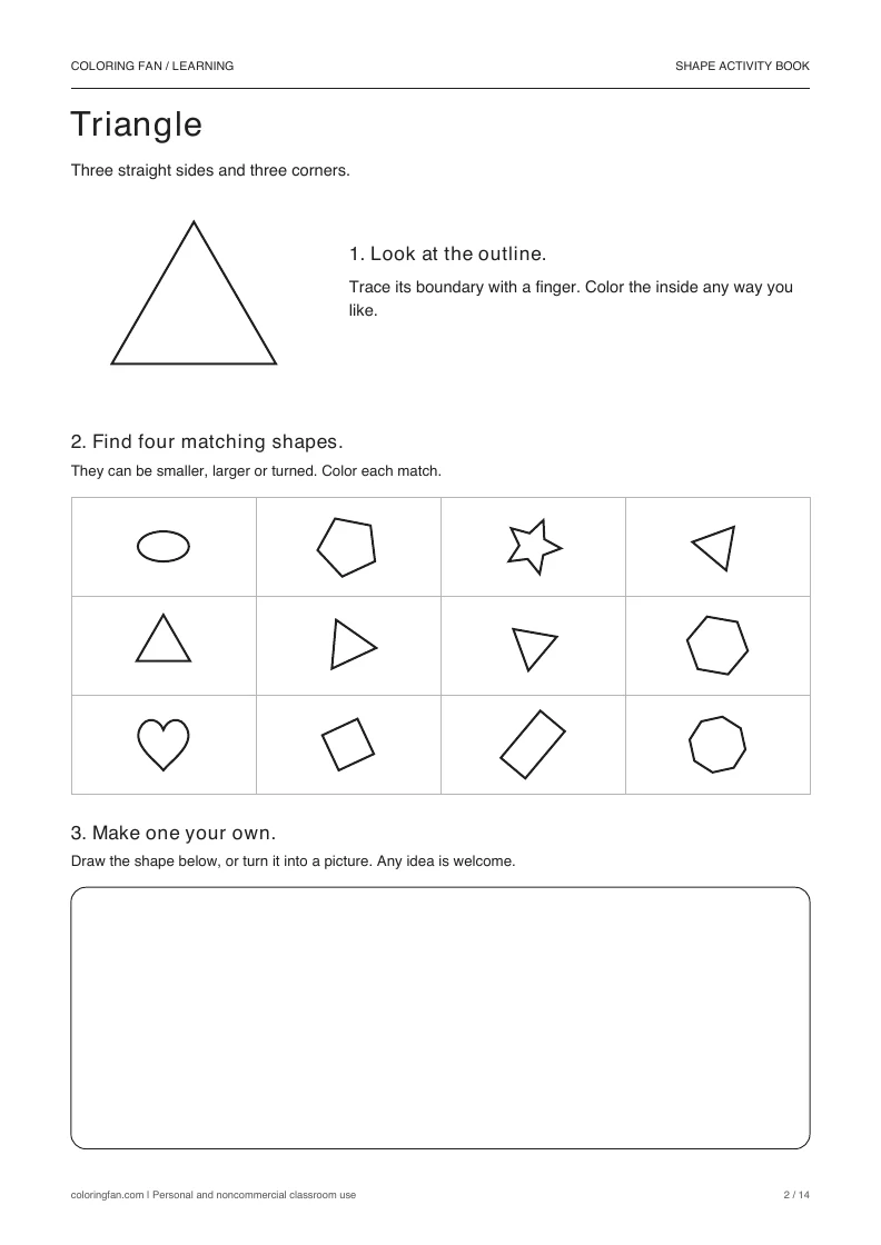 Triangle activity: a large outline, a 12-shape find grid with four matches, and an open drawing frame.
