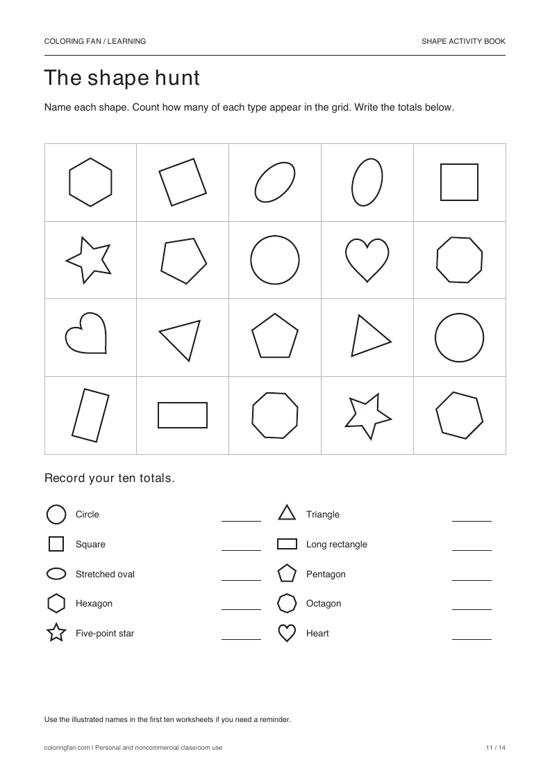 Shape hunt worksheet with twenty mixed outlines and a ten-shape count table.