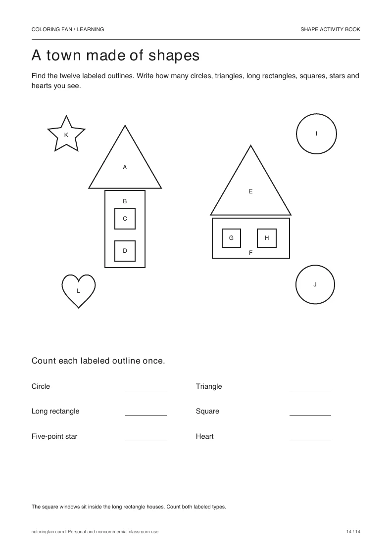 A geometric town with two houses and twelve labeled shapes, followed by a six-shape count table.
