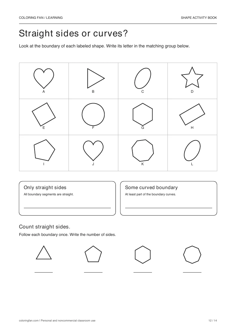 Twelve shapes labeled A to L, two boundary-sorting boxes, and a polygon side-count challenge.