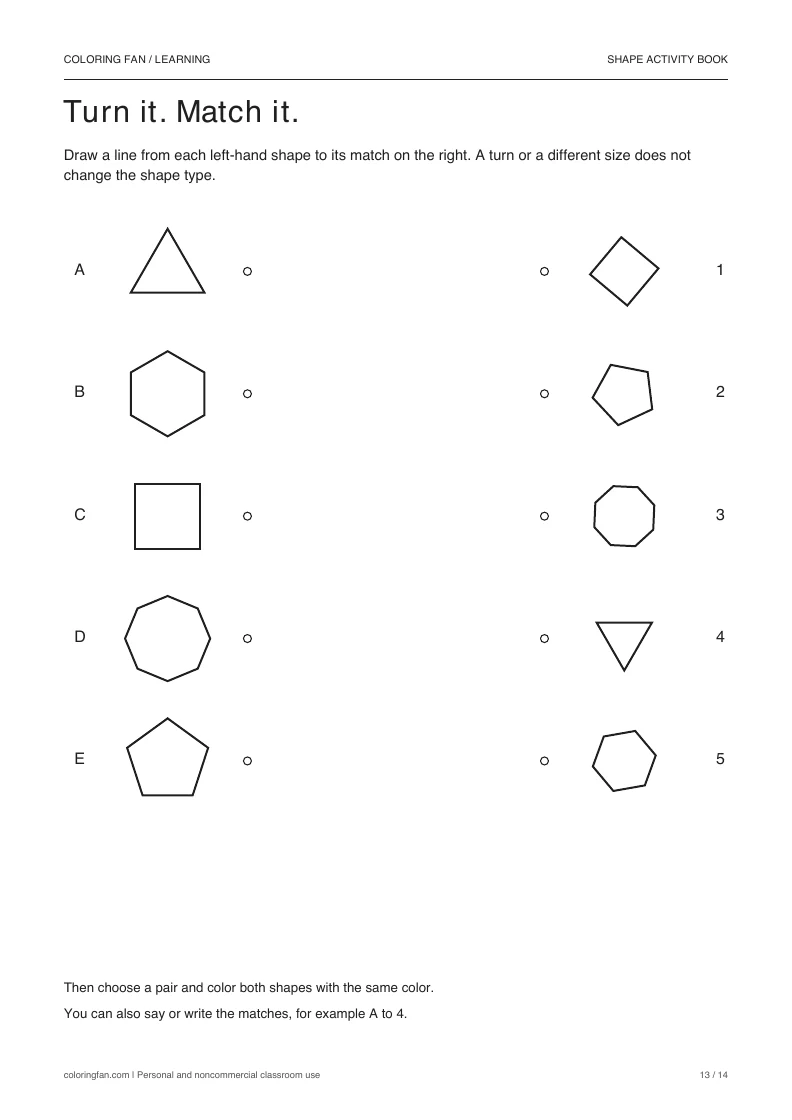 Five polygons labeled A to E on the left and matching rotated shapes numbered 1 to 5 on the right.