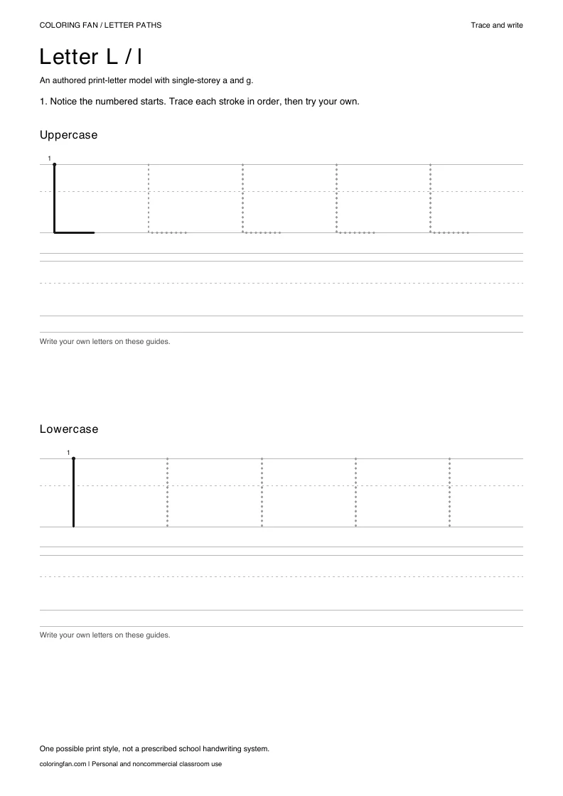 Actual A4 PDF: letter L uppercase and lowercase models with numbered starts, dotted routes and blank writing guides.