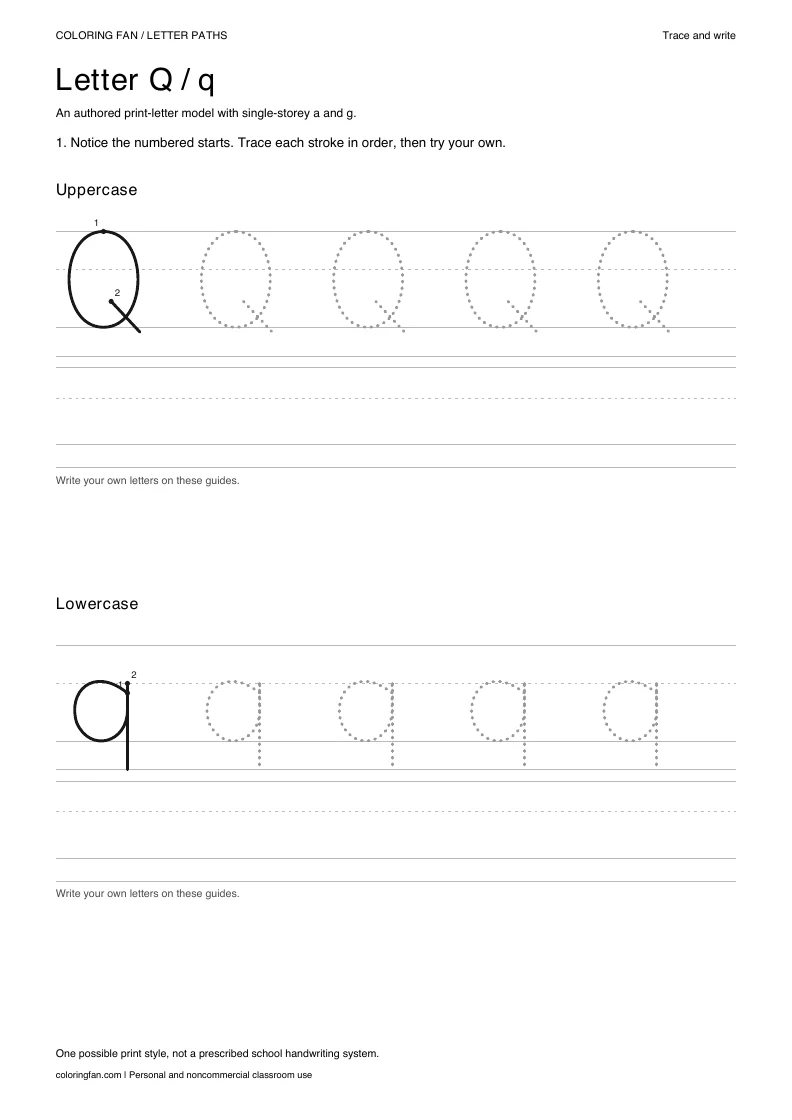 Actual A4 PDF: letter Q uppercase and lowercase models with numbered starts, dotted routes and blank writing guides.