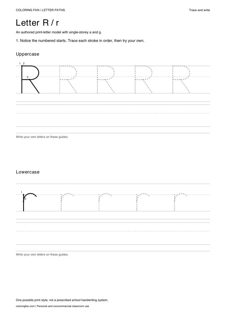Actual A4 PDF: letter R uppercase and lowercase models with numbered starts, dotted routes and blank writing guides.