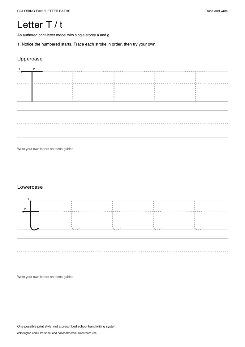 Actual A4 PDF: letter T uppercase and lowercase models with numbered starts, dotted routes and blank writing guides.