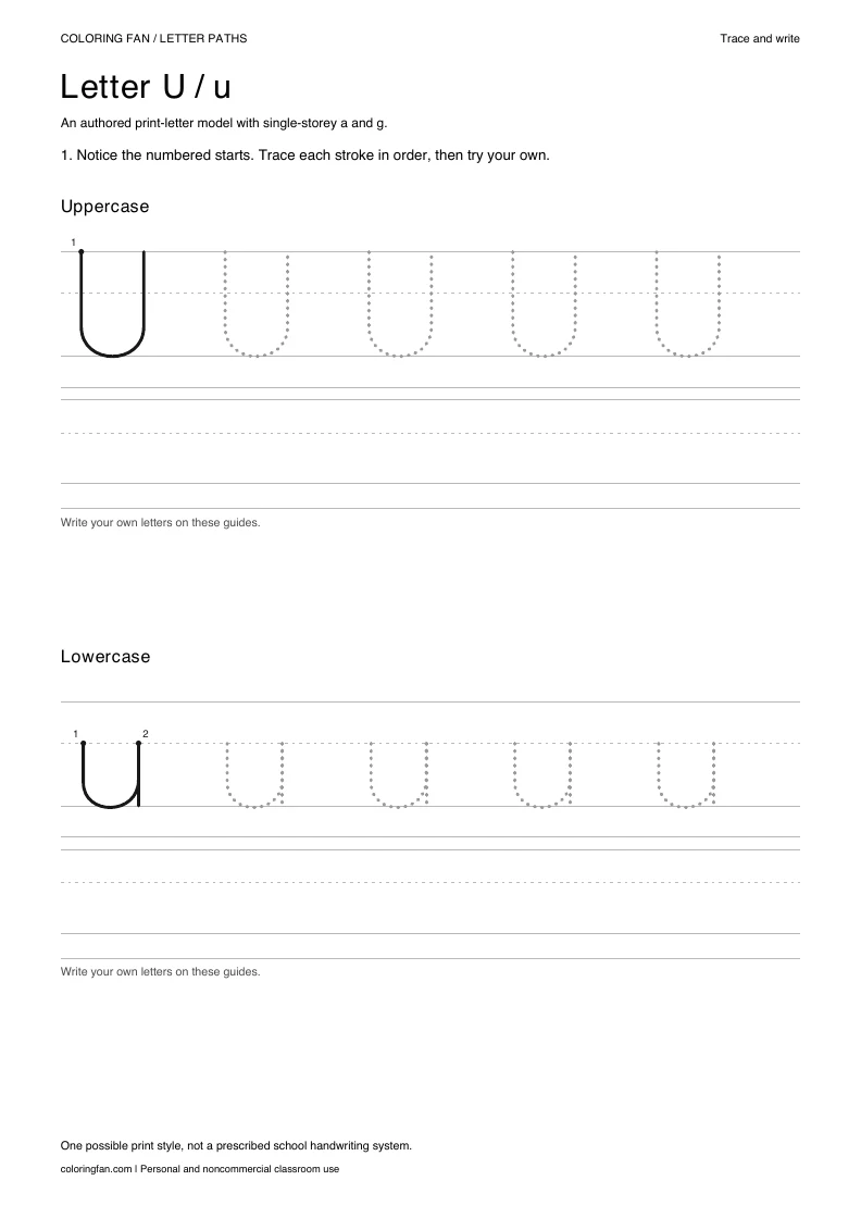 Actual A4 PDF: letter U uppercase and lowercase models with numbered starts, dotted routes and blank writing guides.