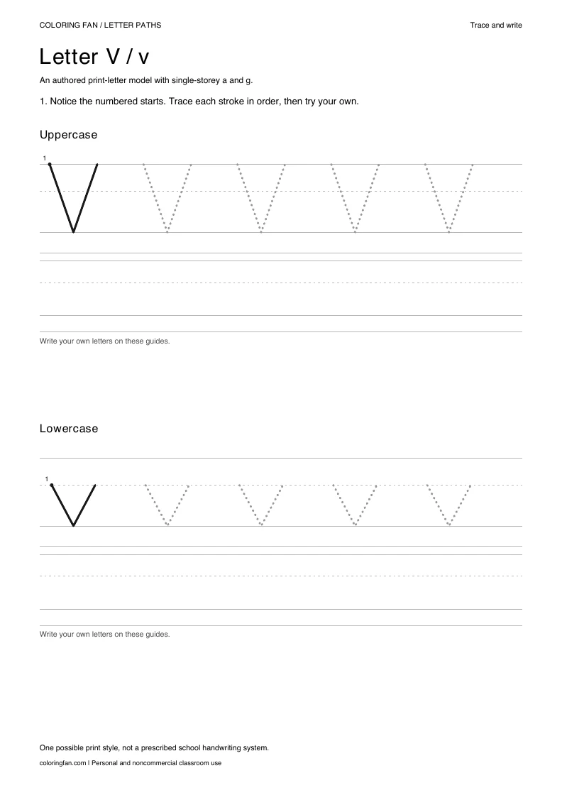 Actual A4 PDF: letter V uppercase and lowercase models with numbered starts, dotted routes and blank writing guides.