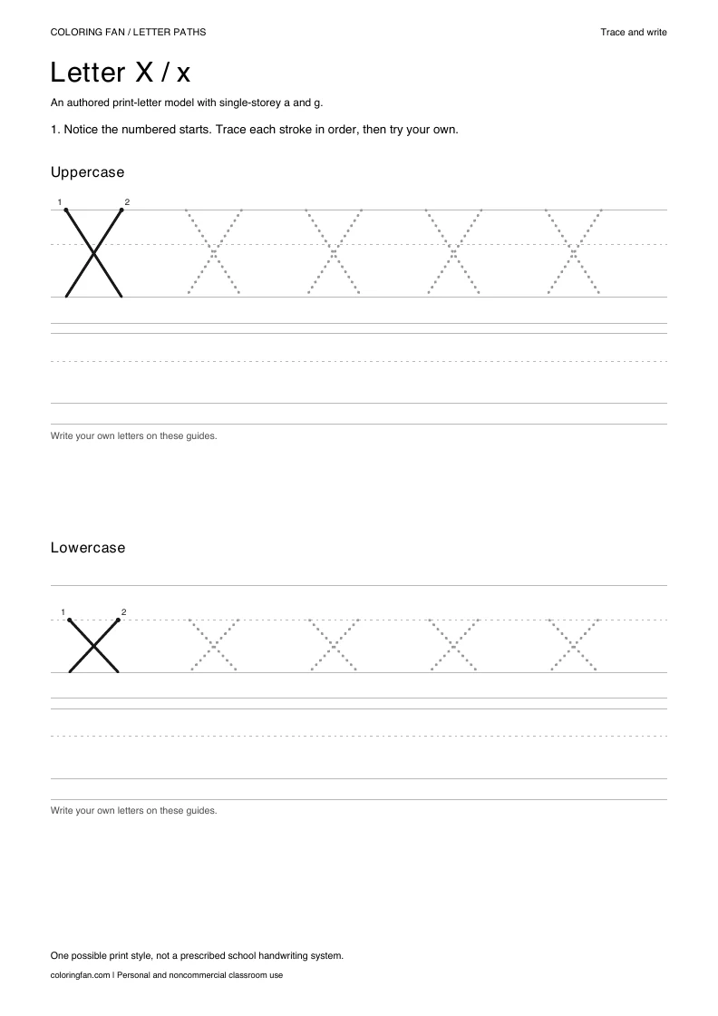 Actual A4 PDF: letter X uppercase and lowercase models with numbered starts, dotted routes and blank writing guides.
