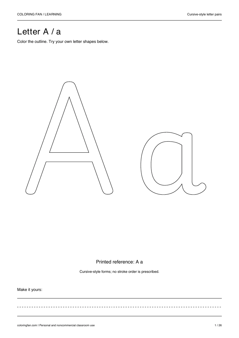 Actual cursive letter A A4 PDF preview: large outlined letter shapes and three writing guides.
