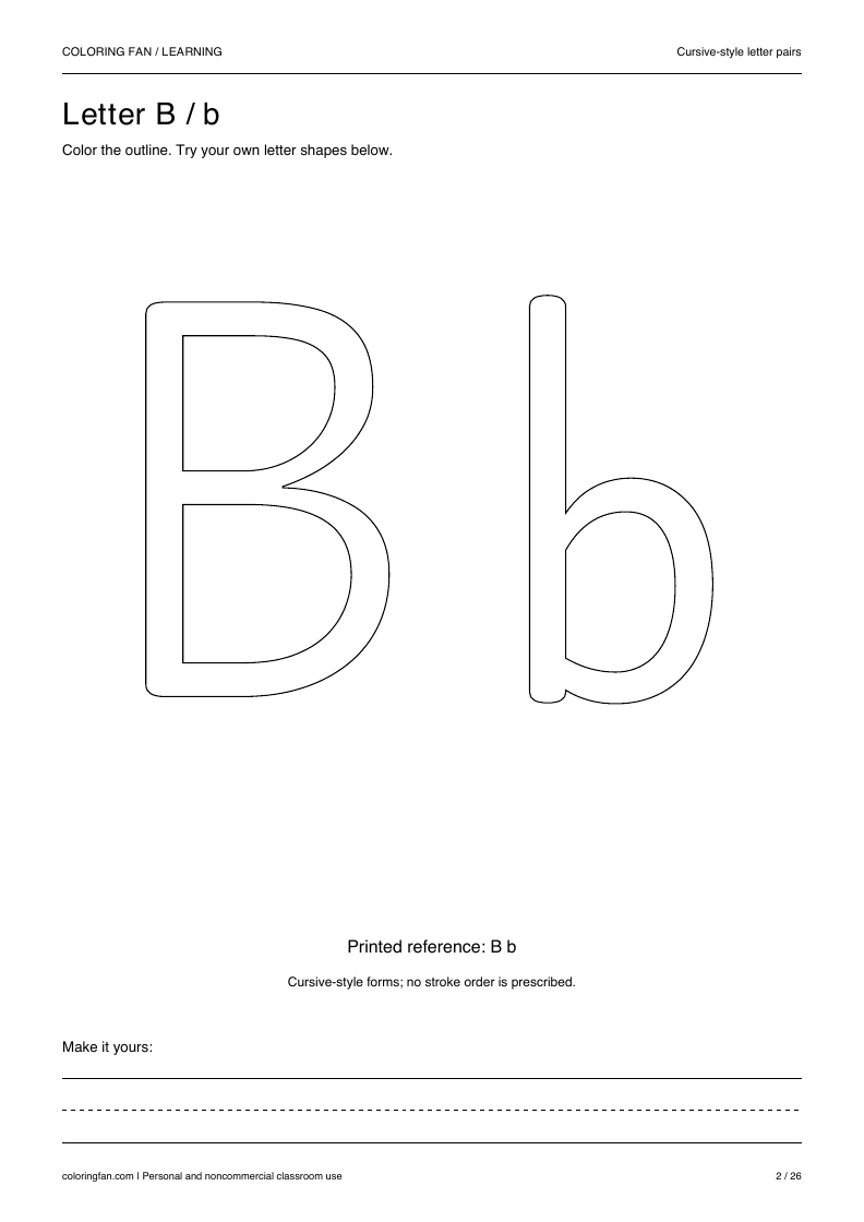 Actual cursive letter B A4 PDF preview: large outlined letter shapes and three writing guides.