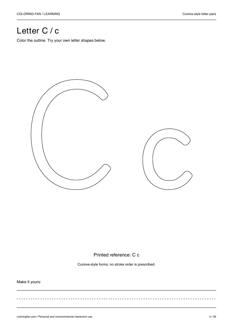 Actual cursive letter C A4 PDF preview: large outlined letter shapes and three writing guides.