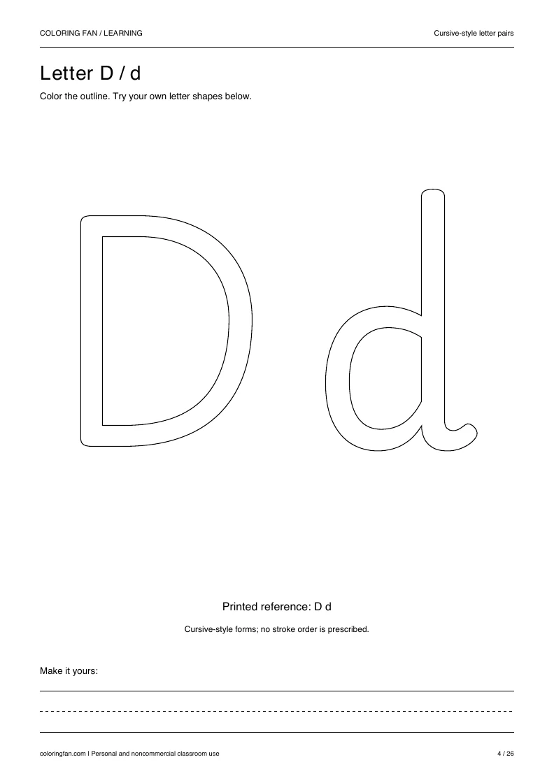 Actual cursive letter D A4 PDF preview: large outlined letter shapes and three writing guides.