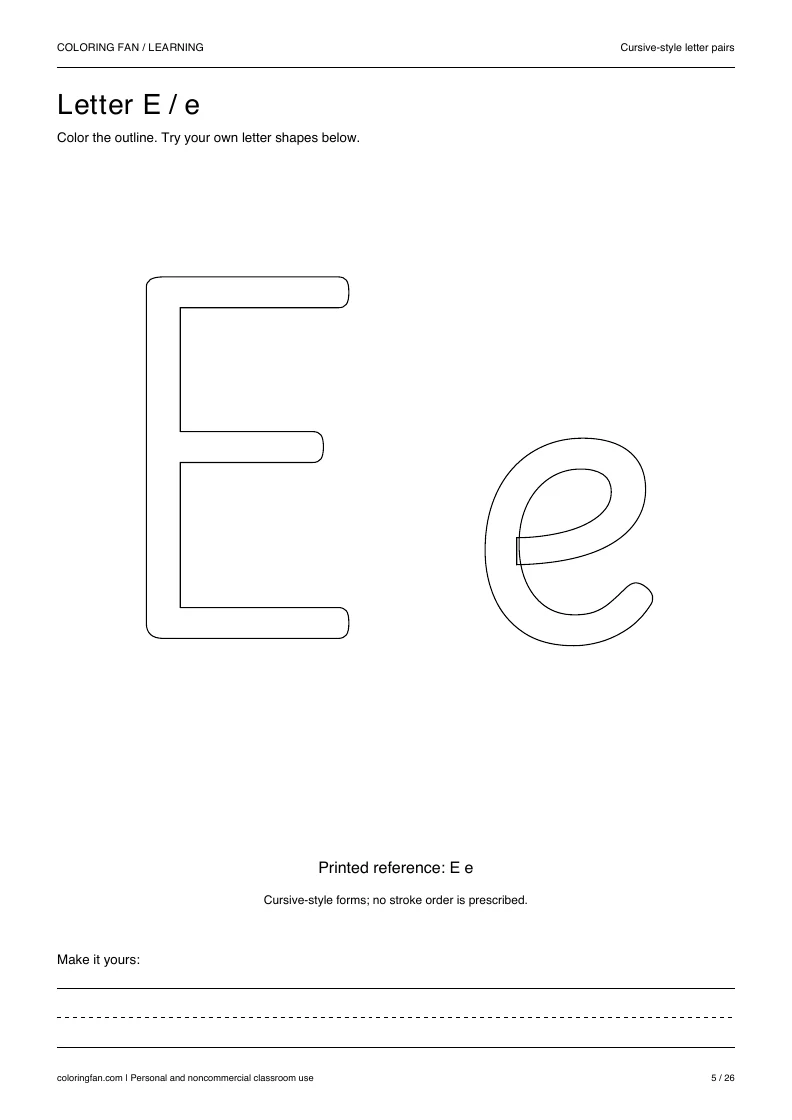 Actual cursive letter E A4 PDF preview: large outlined letter shapes and three writing guides.