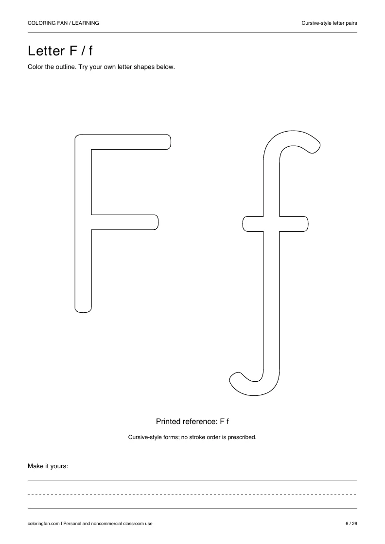Actual cursive letter F A4 PDF preview: large outlined letter shapes and three writing guides.