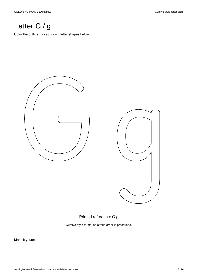 Actual cursive letter G A4 PDF preview: large outlined letter shapes and three writing guides.