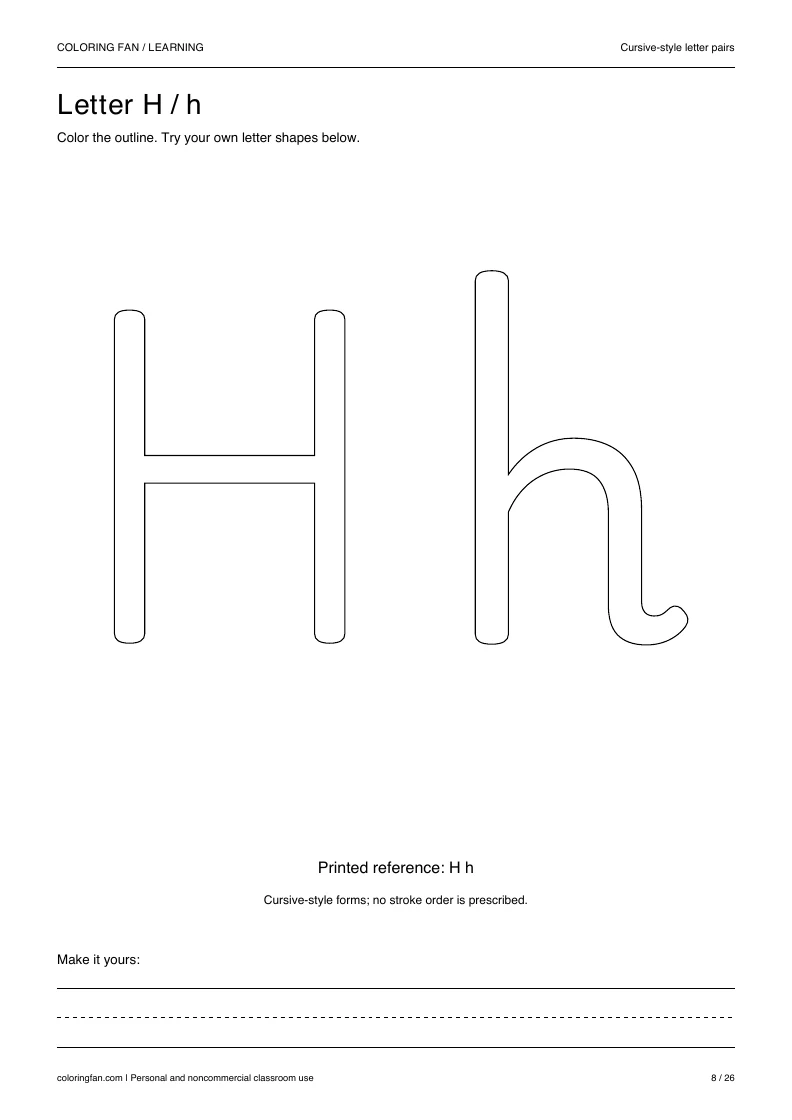 Actual cursive letter H A4 PDF preview: large outlined letter shapes and three writing guides.