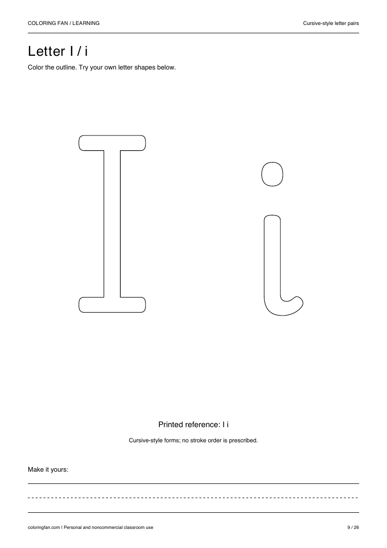 Actual cursive letter I A4 PDF preview: large outlined letter shapes and three writing guides.